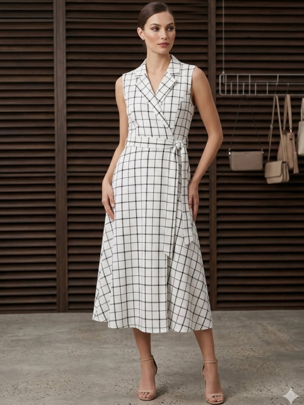 DKNY White Sleeveless Wrap Midi Dress with Black Windowpane NWOT